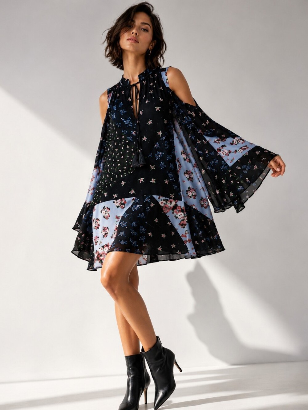 Parker Silk Hummingbird Floral Patchwork Cold Shoulder Dress Size S
